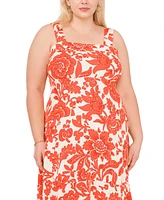 Vince Camuto Plus Printed Square-Neck Smocked-Back Sleeveless Maxi Dress