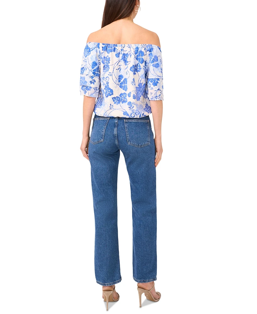 Sam & Jess Petite Vine-Print Off-The-Shoulder Elbow-Sleeve Top