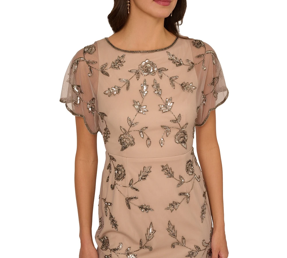 Adrianna Papell Women's Beaded Flutter-Sleeve Sheath Dress