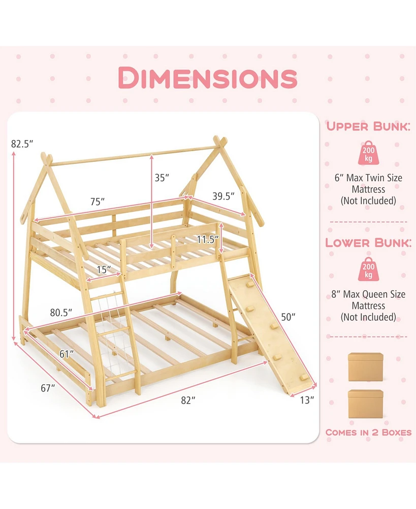 Twin Over Queen Bunk Bed Wooden Kids Bed with Climbing Nets and Ramp