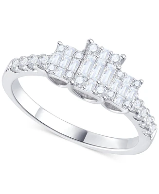 Diamond Emerald Shaped Cluster Three Stone Ring (1/2 ct. t.w.) 14k White Gold