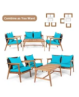 Gymax 8 Piece Wood Frame Furniture Set Patio Conversation Set w/ Cushions