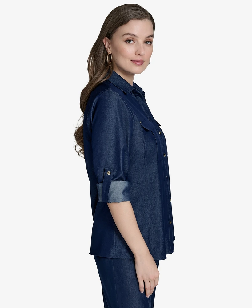 Halston Women's Collared Roll-Tab-Sleeve Button-Front Shirt