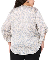 Vince Camuto Plus Printed Pintuck Flutter-Sleeve Blouse