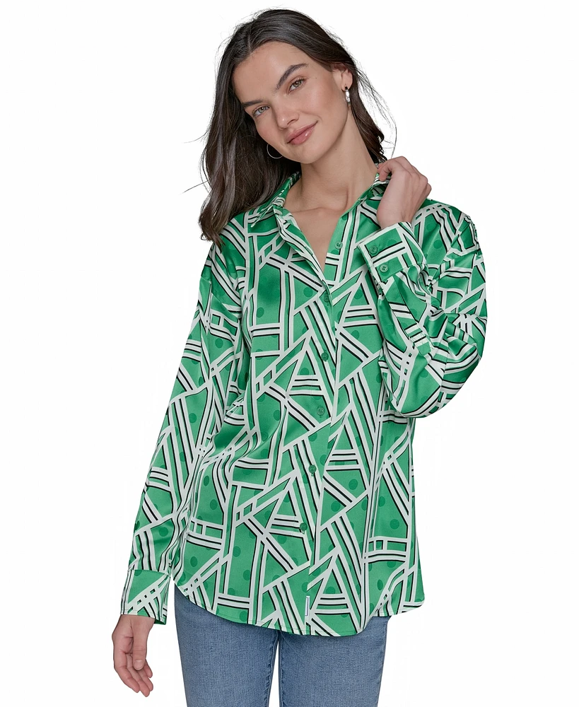 Karl Lagerfeld Paris Women's Satin Geo-Print Oversized Button-Front Top