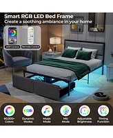Full Size Bed Frame with Led Lights Drawer and Metal Slats-Full Size