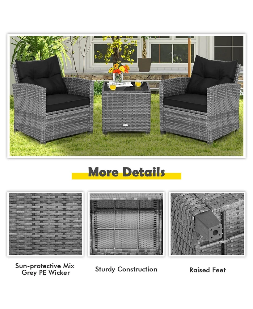 3PCS Patio Rattan Furniture Bistro Set Cushioned Sofas Side Table Armrest