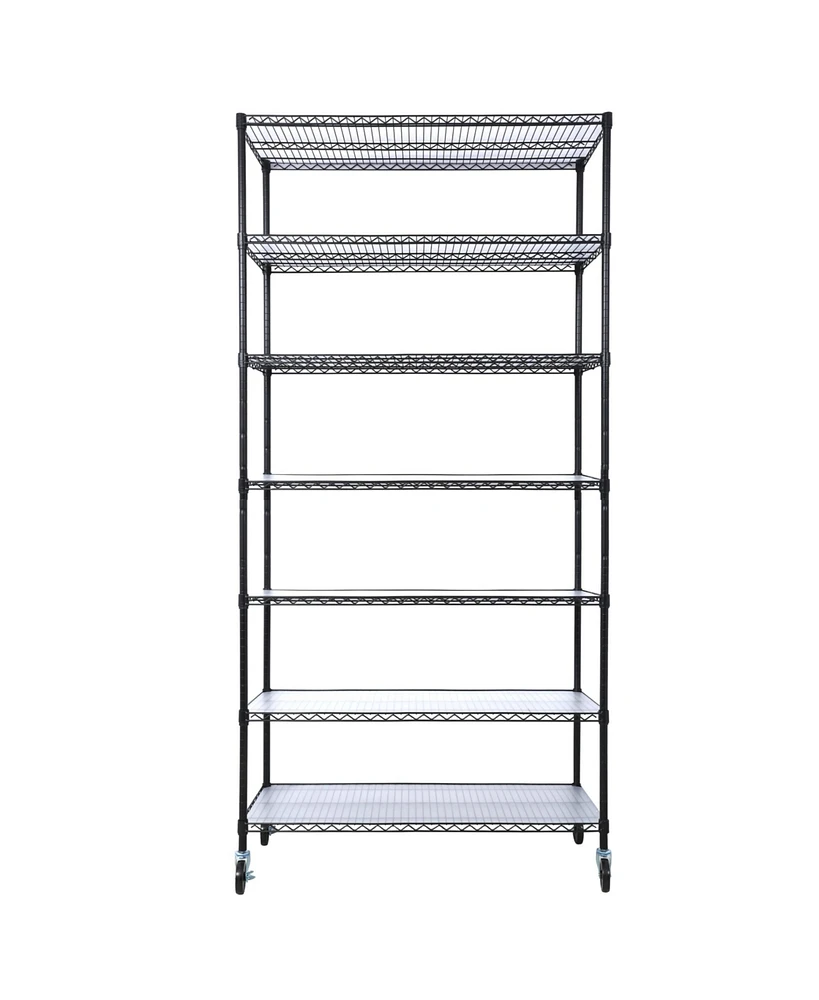 7 Tier Metal Shelf Wire Shelving Unit, 2450lbs Heavy Duty Adjustable Storage Rack with Wheels & Shelf Liners