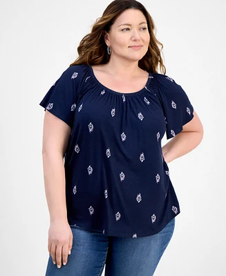 Style & Co Plus Printed Scoop-Neck Shirred Top