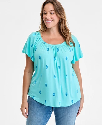 Style & Co Plus Printed Scoop-Neck Shirred Top