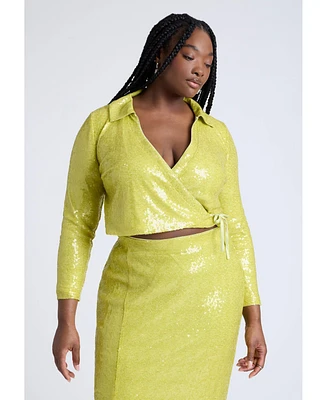 Eloquii Women's Sequin Wrap Collared Top