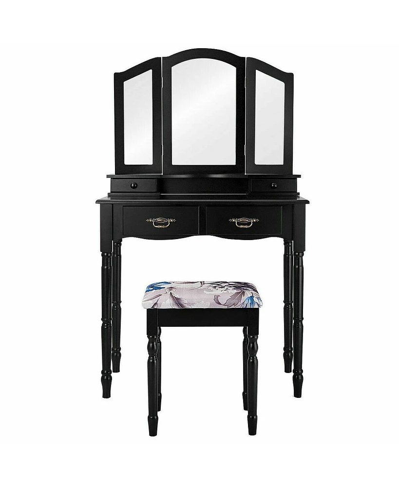 Simple Vanity Set with Tri-Folding Mirror Drawers and Storage Shelf