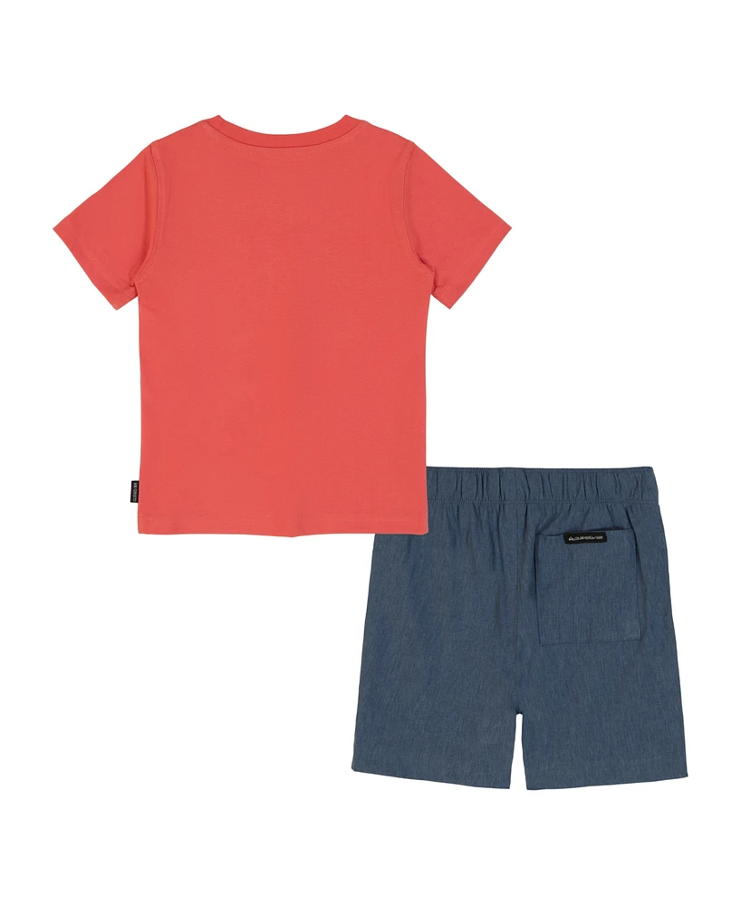 Quiksilver Toddler and Little Boys 2-Piece Short Sleeve Graphic Logo T-Shirt Stretch Tech Shorts Set