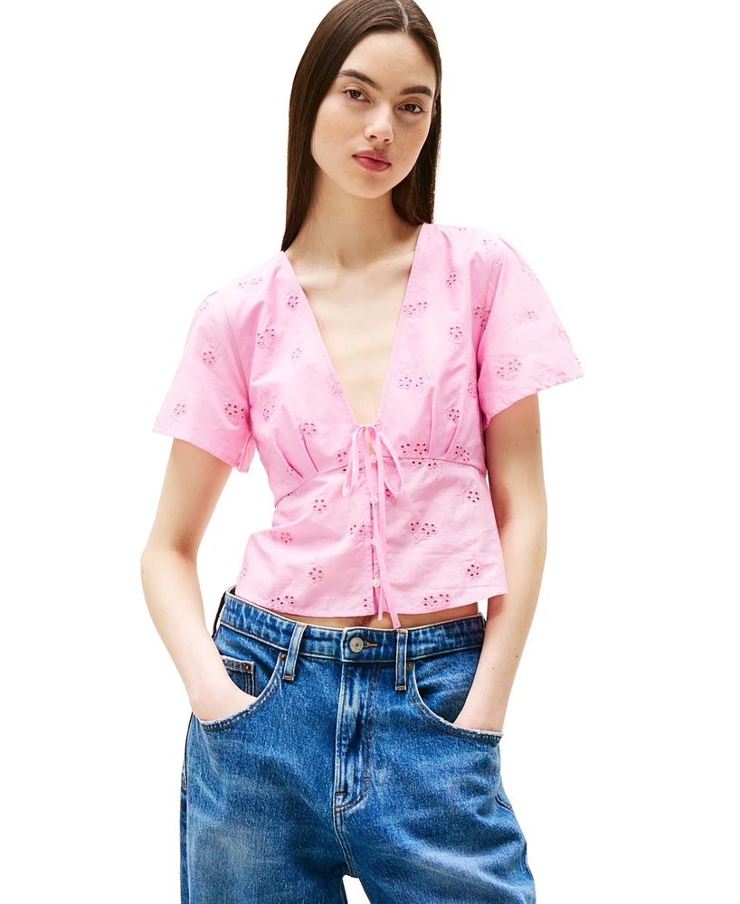 Tommy Jeans Women's Cotton Embroidered Plunging-Neck Blouse