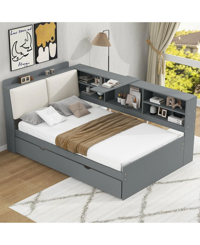 Wood Twin Size platform bed with Trundle, Shelves and Storage Headboard, Gray