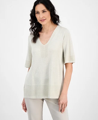 Jm Collection Women's V-Neck Short-Sleeve Lurex Shine Sweater, Exclusively at Macy's