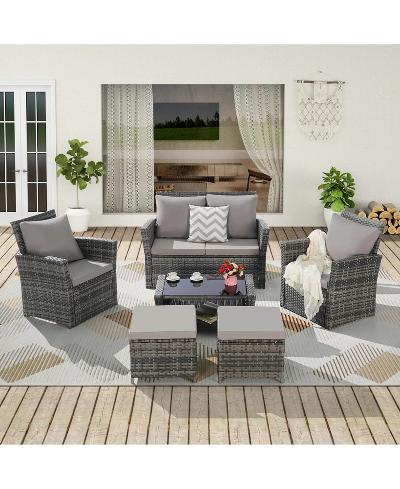 6 Piece Wicker Patio Furniture Sets with Ottoman & Tempered Glass Coffee Table