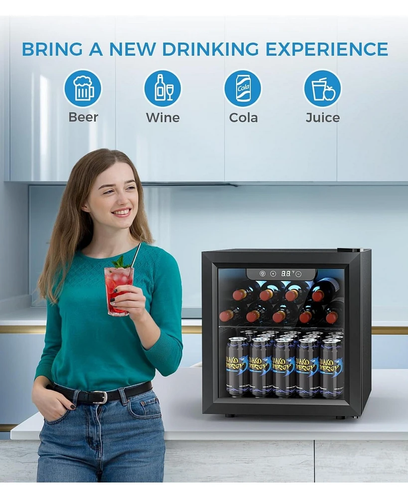 Cowsar 1.3 cu.ft 12 Bottle 48 Can Wine Cooler/Mini Fridge/Beverage Refrigerator Countertop Clear Glass Door for Beer&Soda