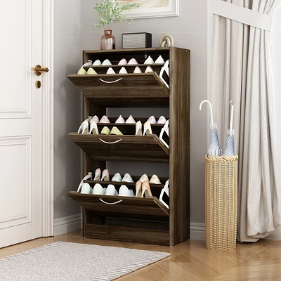 Wooden 3-door shoe cabinet, shutter door drawers
