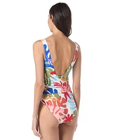 Vince Camuto Women's Printed Belted Plunge One-Piece Swimsuit