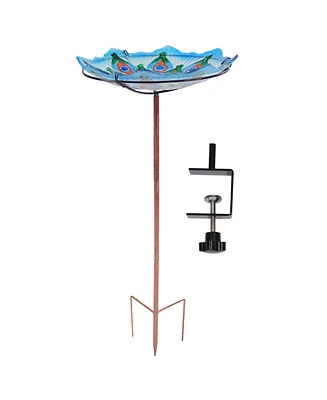 Exquisite Feathers Deck-Mounted/Staked Glass Bird Bath - 11” Diameter - Turquoise