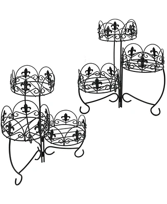 Iron Metal French Lily Decorative 3-Tiered Flower Plant Stand for Indoor or Outdoor Use - 22" - Black - 2pk