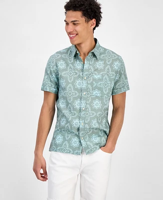 Sun + Stone Men's Avon Short Sleeve Medallion Print Linen Blend Button-Front Shirt, Exclusively at Macy's
