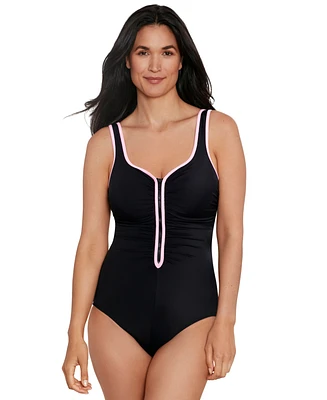 ShapeSolver Sport by Mimi Flamingo Women's Color-Coated Shirred One-Piece Zip-Up Swimsuit