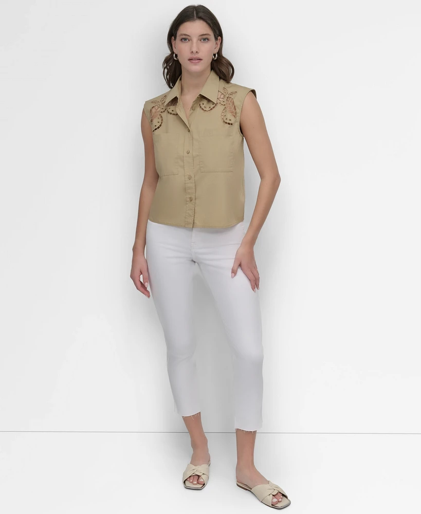 Dkny Women's Cotton Sleeveless Ladder-Trim Blouse