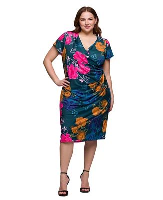 24seven Comfort Apparel Plus Size Knee Length Short Sleeve Faux Wrap Dress
