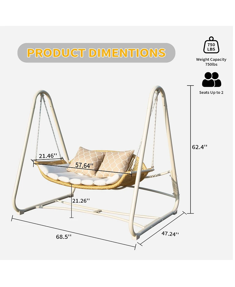 Outdoor Patio Porch Swing, 2-Seat Hanging Swing Chair with Thickened Cushions and Pillow, Rattan Porch Swing Chair Outdoor Hammock Chair for Porch, Ba