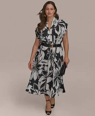 Donna Karan New York Plus Printed Belted A-Line Dress