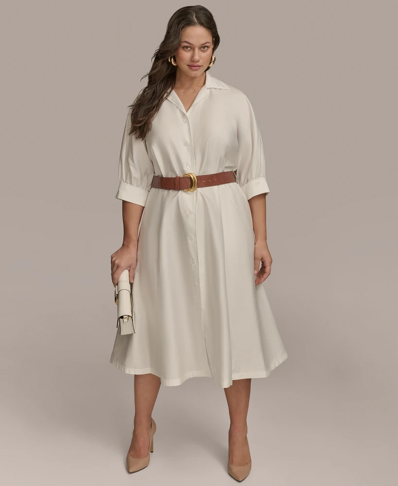 Donna Karan New York Plus Cotton Belted 3/4-Sleeve Shirtdress