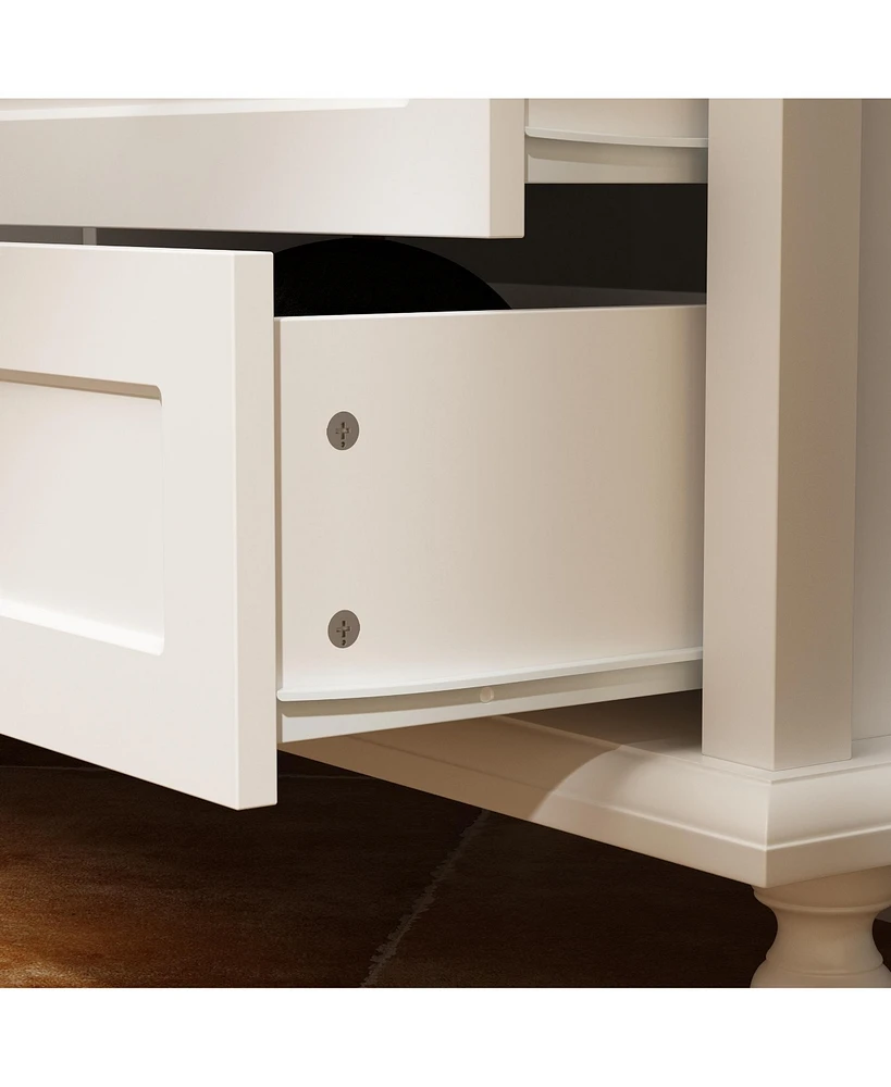Tv stand with two doors and four drawers, media console with tempered glass and feet, wooden entertainment center