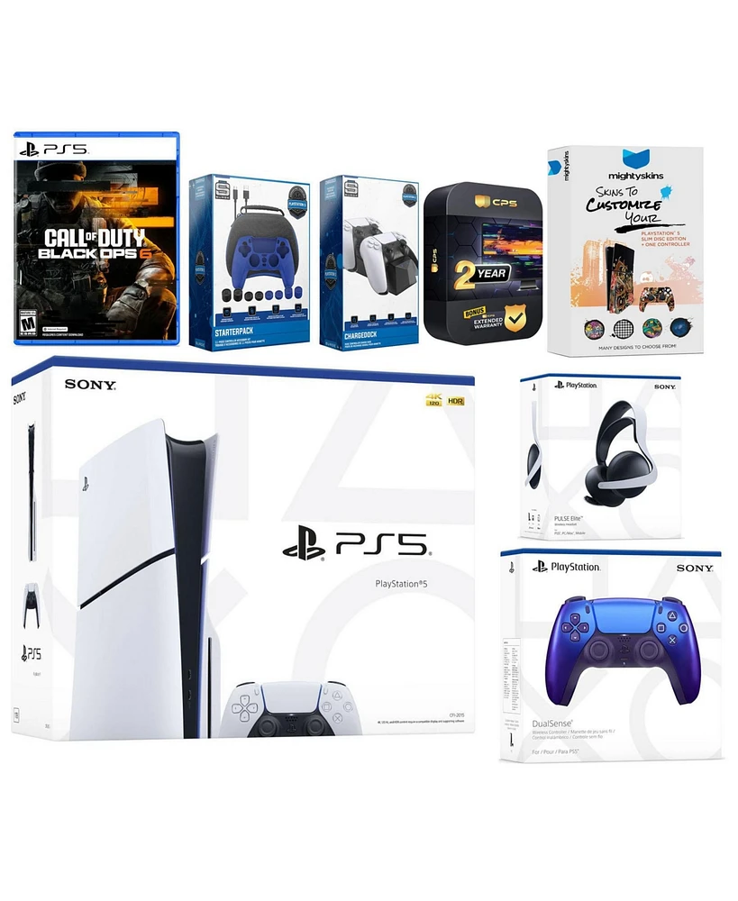 Sony Playstation 5 Slim Disc PS5 with Call of Duty: Black Ops 6, Controller, Pulse Elite Headset, Gamer Starter Pack, Charge Dock and MightySkins Vouc