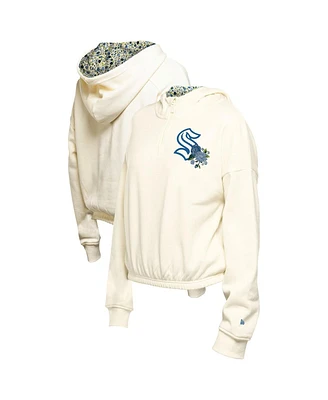 New Era Women's Cream Seattle Kraken Glam Game Quarter-Zip Cropped Floral Pullover Hoodie