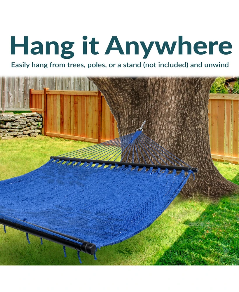 Large Double Wide Two-Person Polyester Rope Hammock with Spreader Bars - 600 lb Weight Capacity