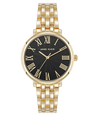 Anne Klein Women's Quartz Round Roman Numeral Gold-Tone Metal Alloy and Black Dial Watch, 32mm