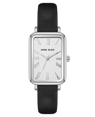 Anne Klein Women's Quartz Rectangular Black Polyurethane Leather and Silver-Tone Metal Alloy Watch, 23mm