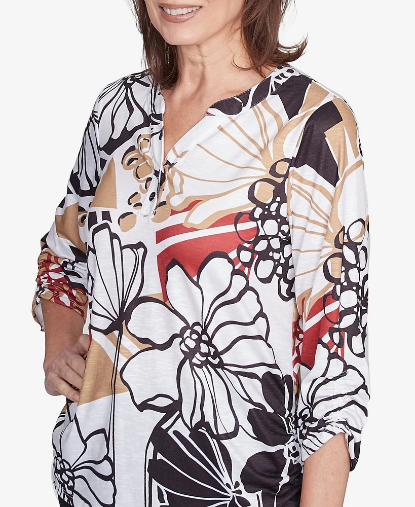 Alfred Dunner Women's Natural Instinct Bold Floral Illustrated Henley Mandarin Collar Top