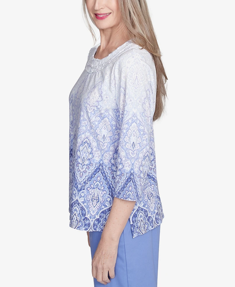 Alfred Dunner Women's Santa Fe Ombre Medallion Printed Crew Neck Top
