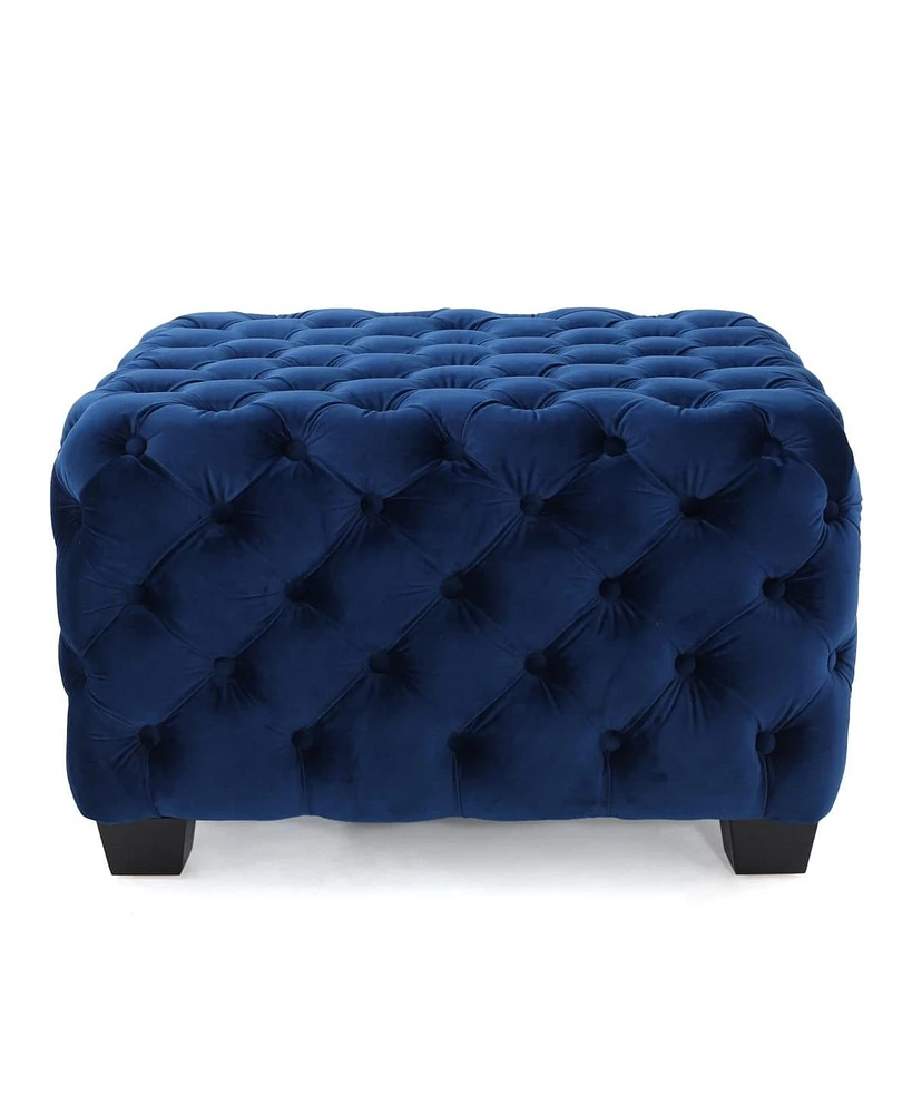 Velvet Upholstered Square Ottoman with Deep Button Tufting and Wood Legs for Living Room or Lounge Seating-The Pop Home