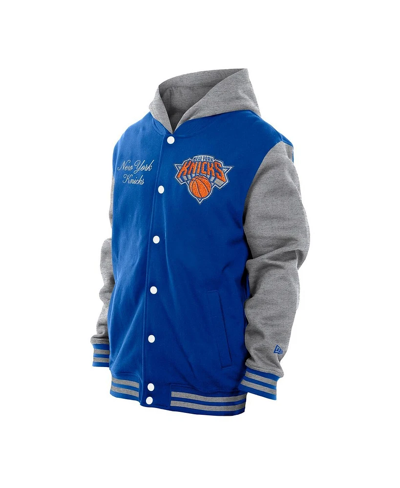 New Era Men's Blue New York Knicks Throwback Prep Chenille Full-Snap Hooded Varsity Jacket