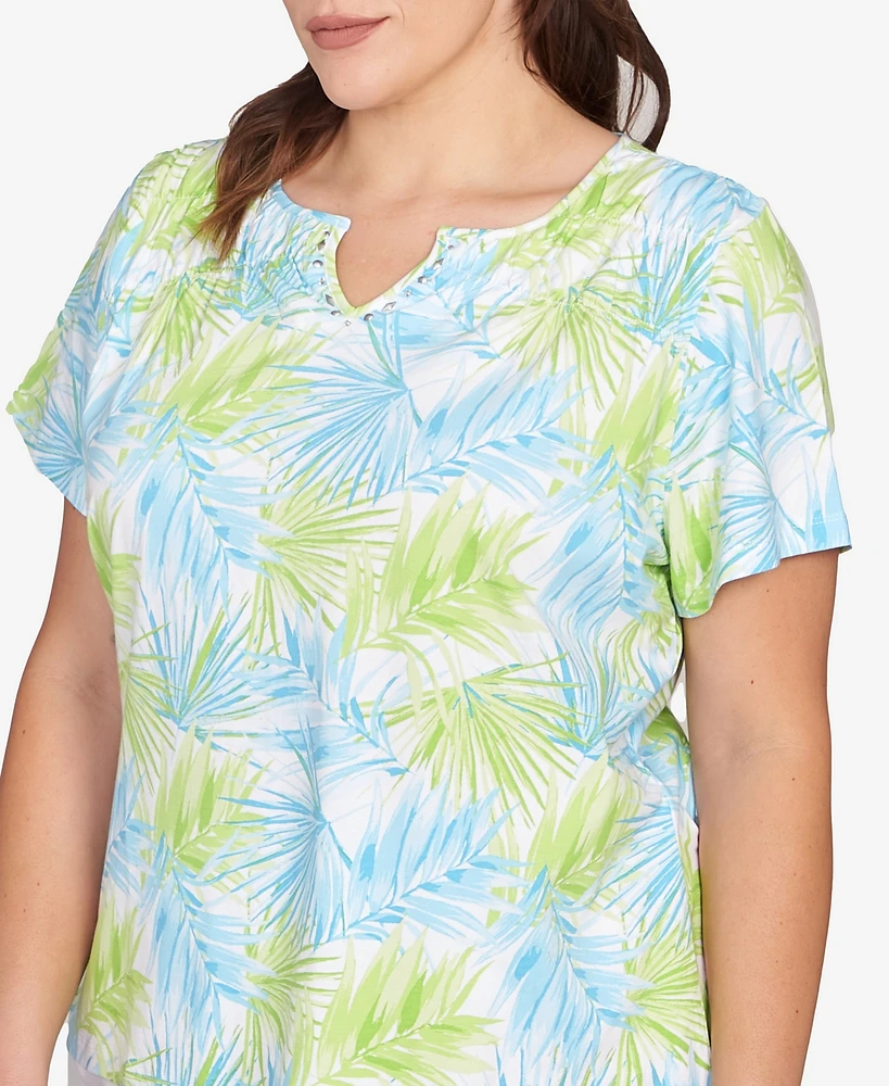 Hearts Of Palm Plus Size Short Sleeve Leaf Print Top