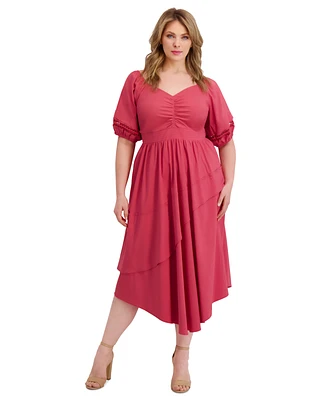 Siena Plus Puff-Sleeve Asymmetric-Hem Midi Dress