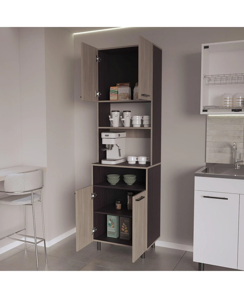Bullhead City Kitchen Pantry with Open Storage and 4 Doors, White Oak and Wengue