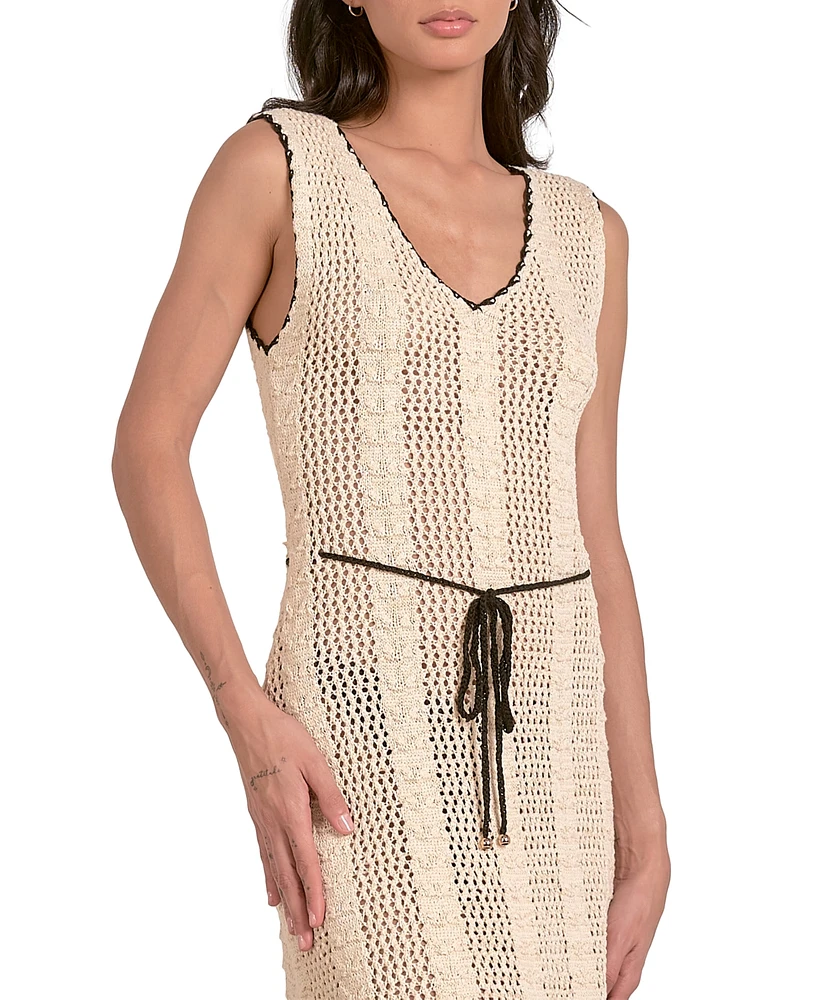 Elan Women's Crochet Sleeveless Tassel-Tie Midi Dress