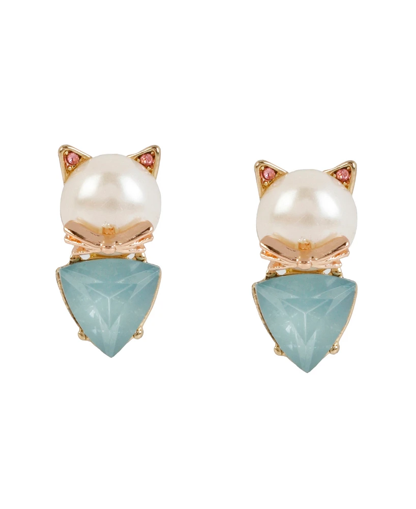 Betsey Johnson Faux Stone Cultivated Pearl Cat Two-Step Stud Earrings