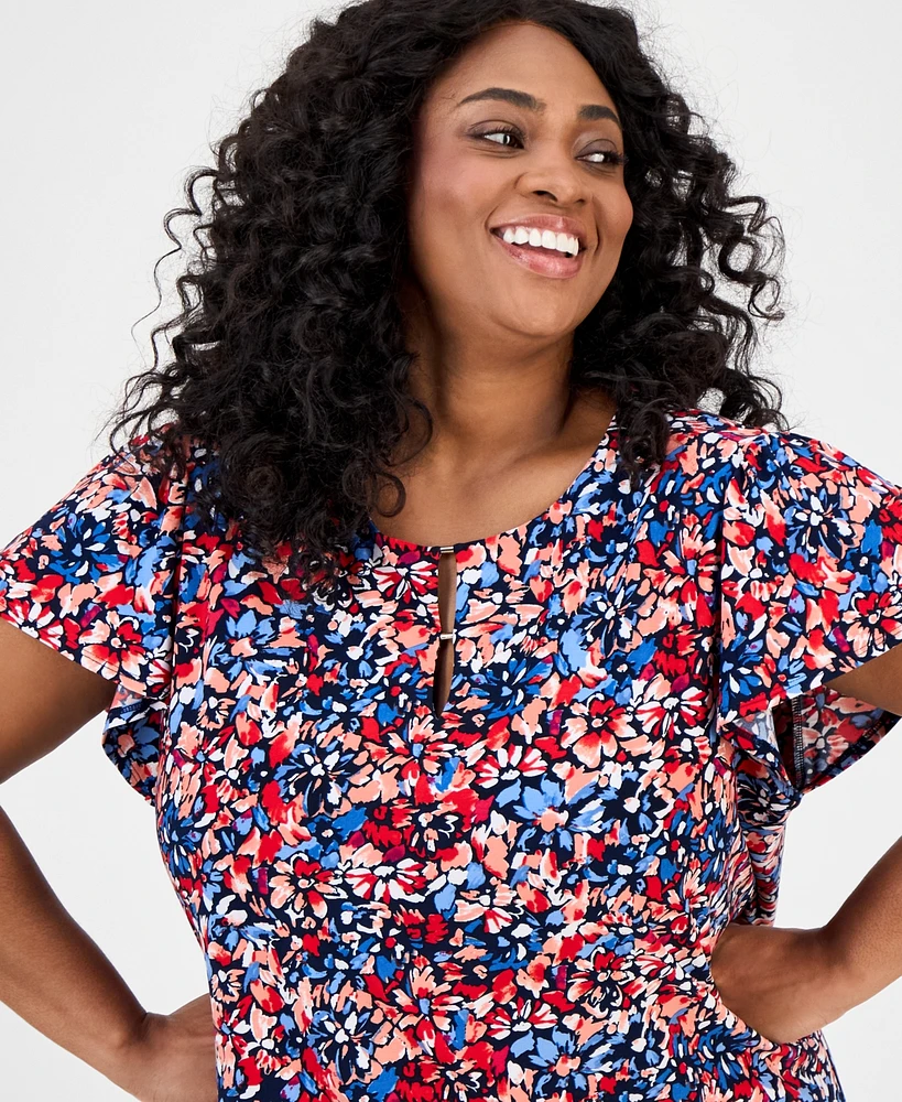 Jones New York Plus Printed Keyhole Top