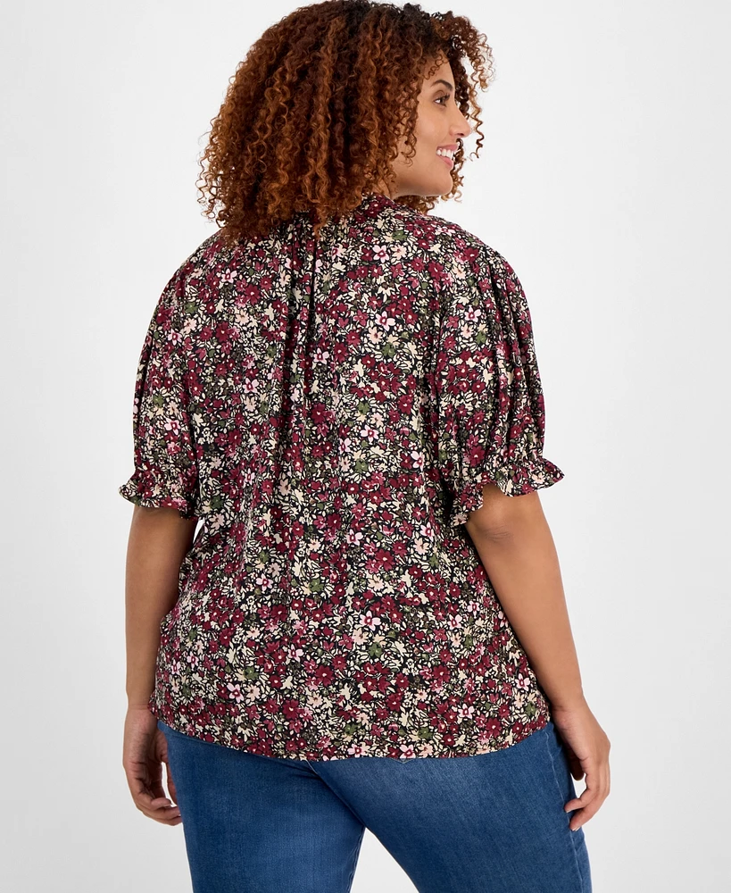 Jones New York Plus Printed Tie-Neck Short-Puff-Sleeve Blouse
